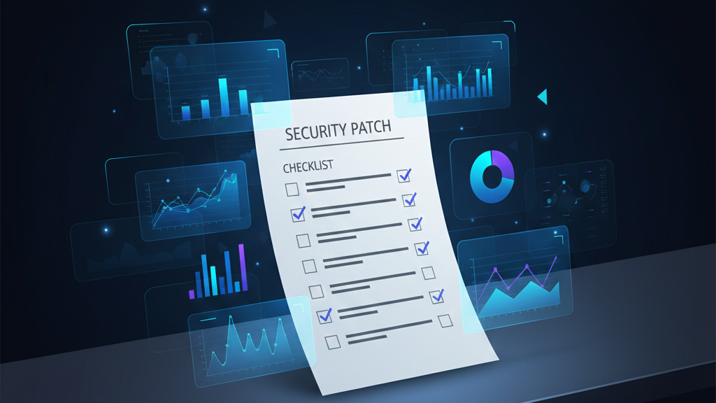 Printed security patch checklist on a desk