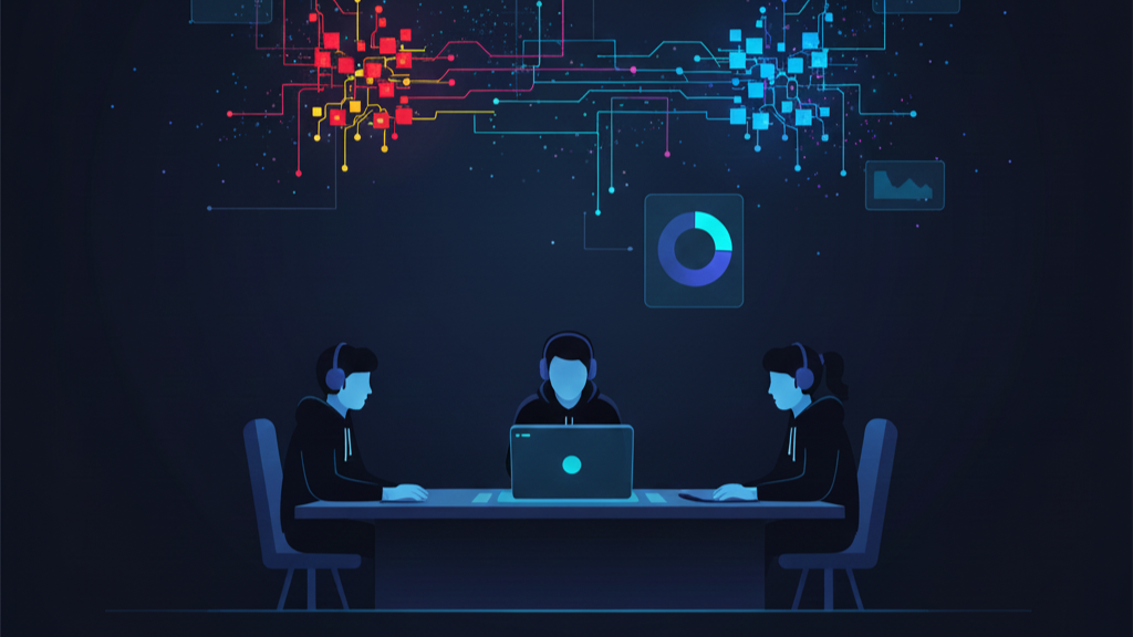 Illustration of a security response team patching React2Shell at night