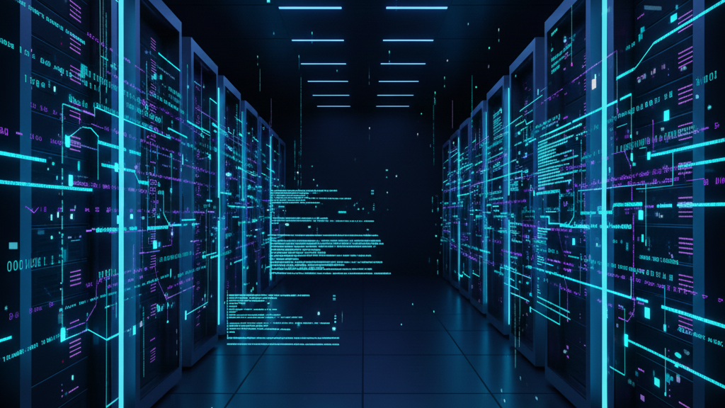 Data center corridor with code overlay and December calendar mark