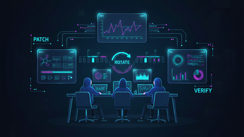 Developer terminal showing Next.js and React2Shell patch commands