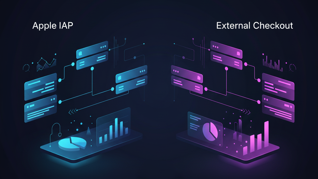 Flowchart comparing Apple IAP versus external checkout steps