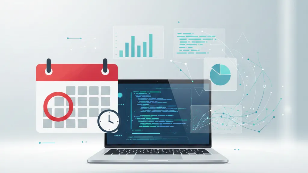 Calendar deadline concept beside a laptop showing code