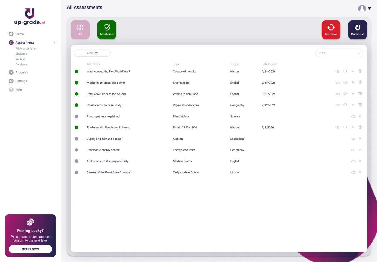UpGrade: Student list of all assessments with status and actions