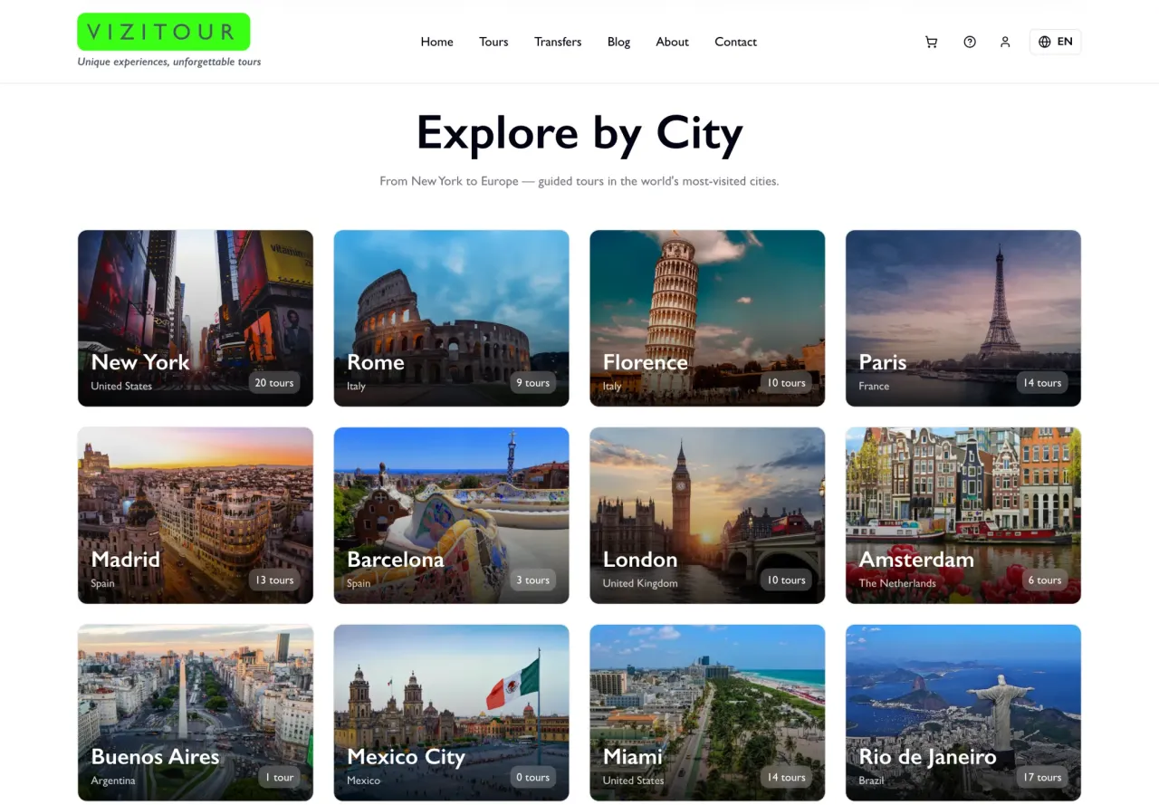Vizitour: Destinations grid with tour counts per city