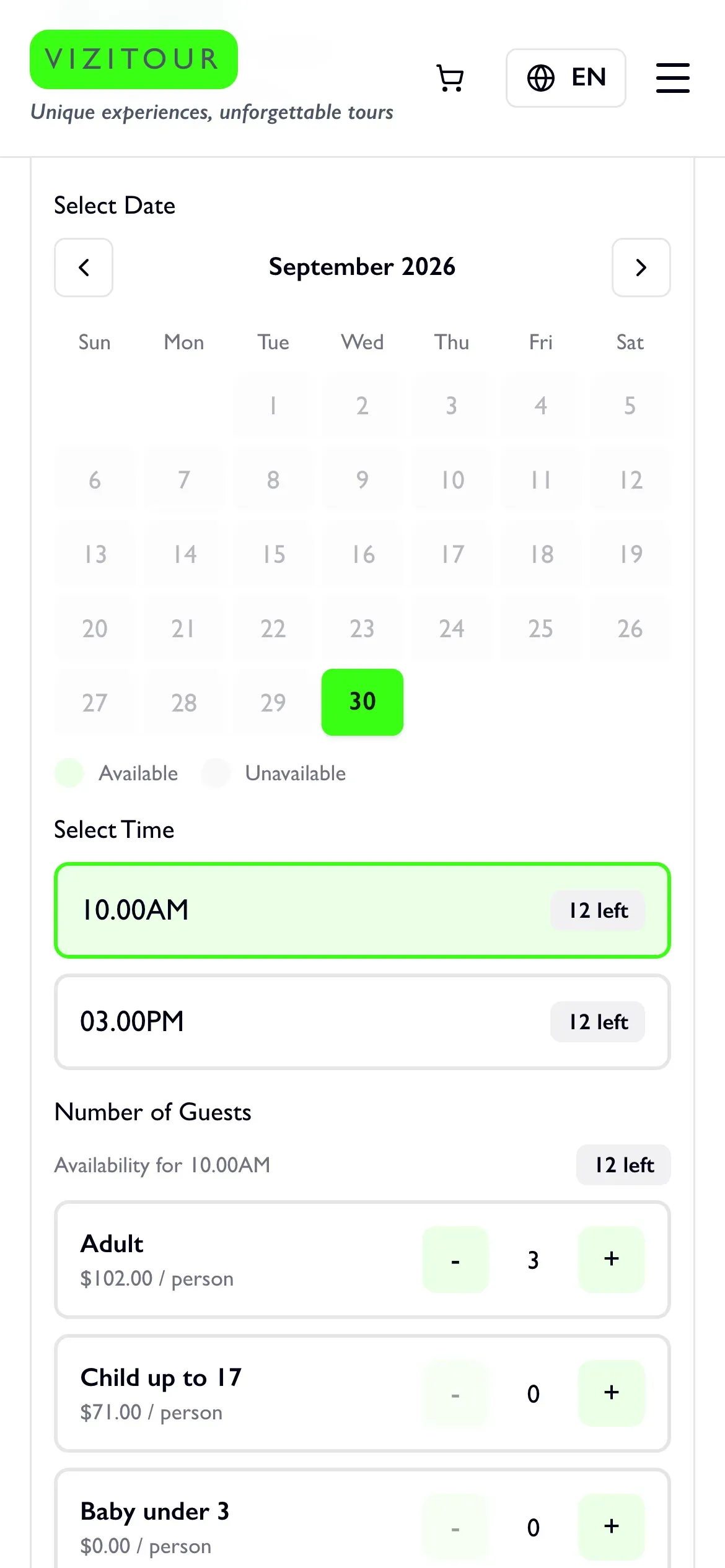 Vizitour: Mobile date, time and guest selection with live availability