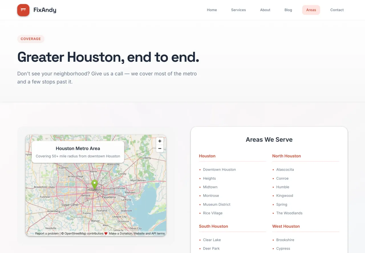 FixAndy: Service areas page with Houston map and neighborhood list