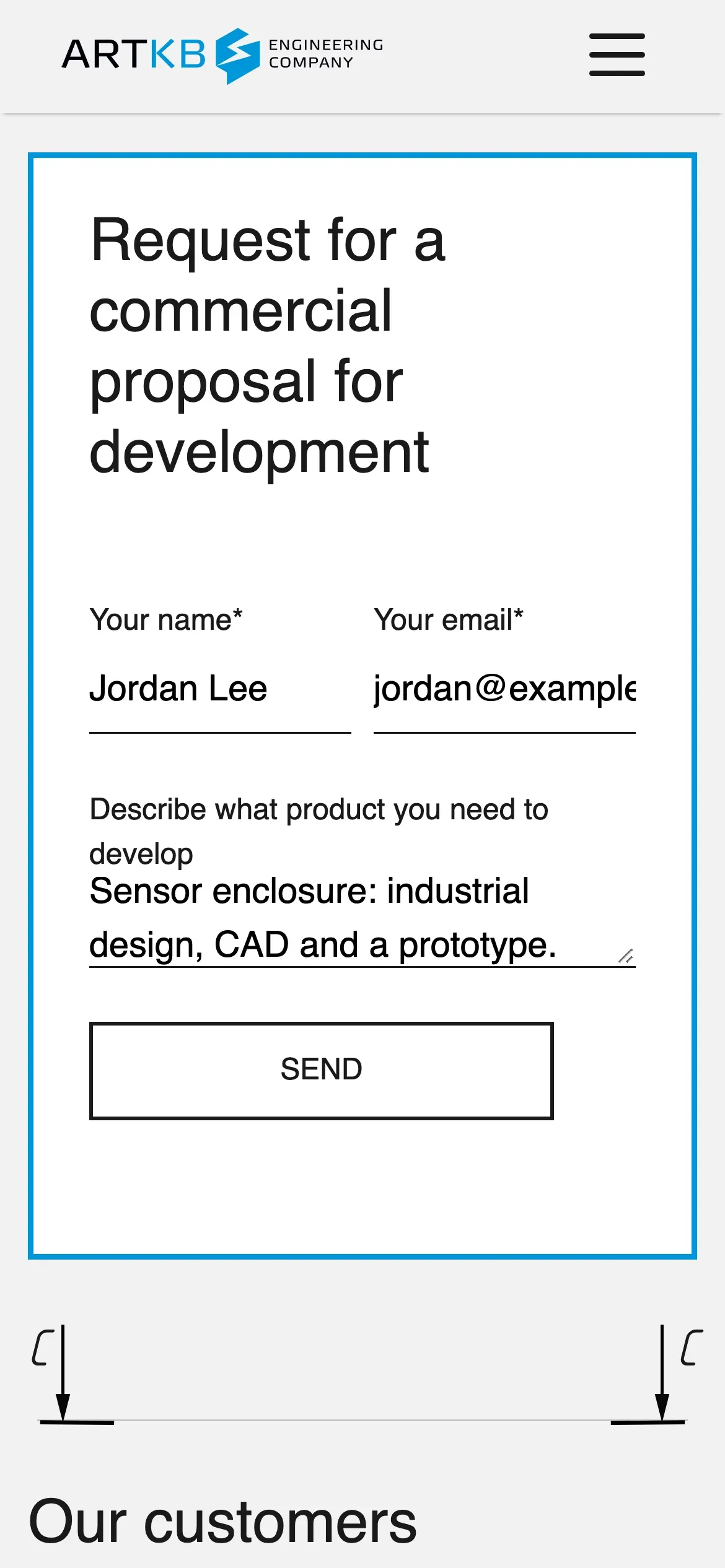 ARTKB: Mobile proposal request form, fictional values, not sent