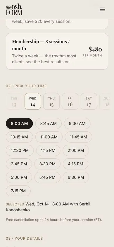 OSH FORM: Mobile session times before entering booking details.