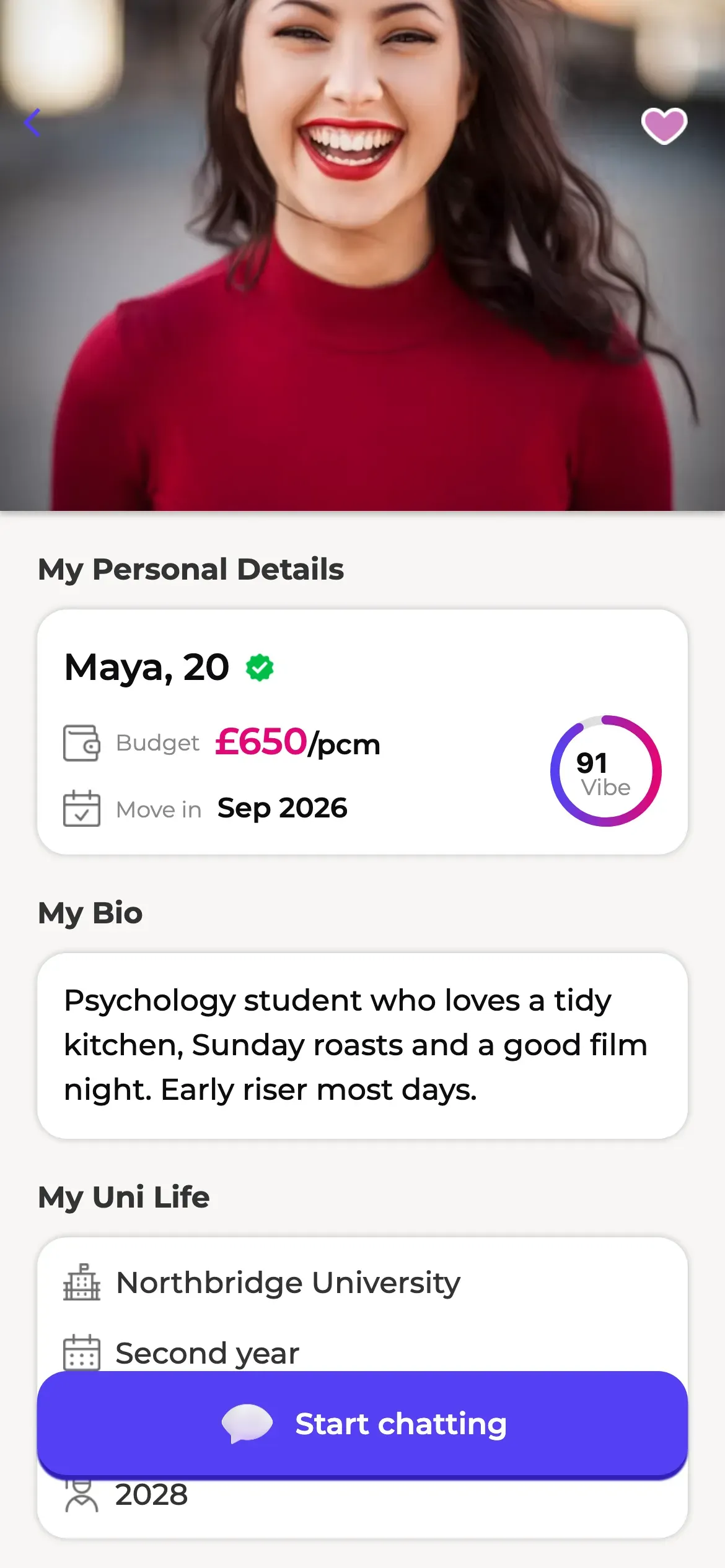 Roome: Housemate profile with budget, bio and university details