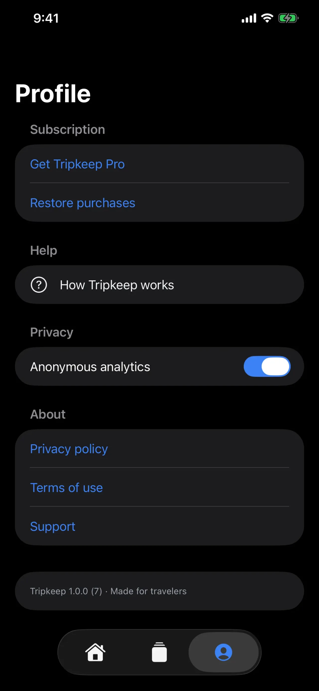 TripKeep: Profile with subscription, help and privacy settings