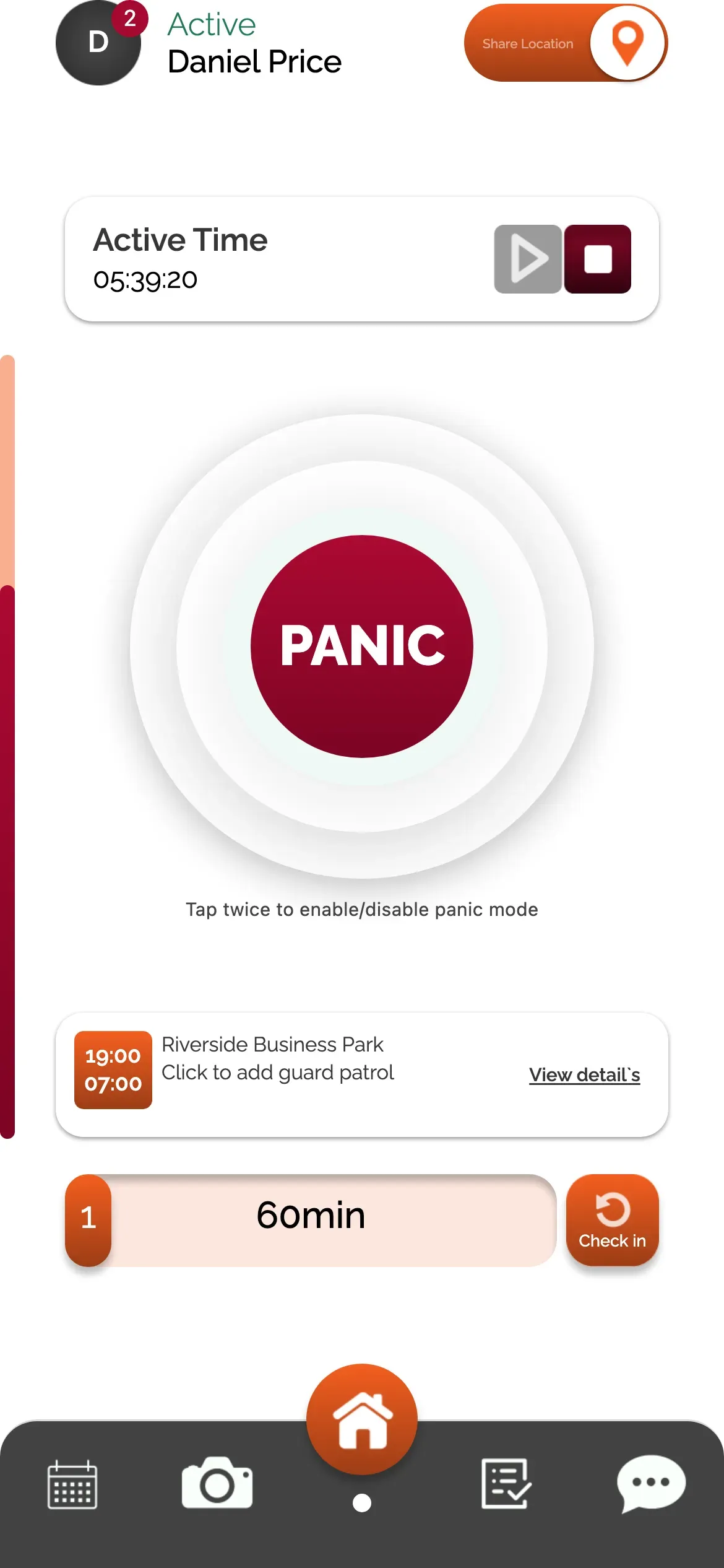 SoloLink: Guard home screen with shift timer, panic button and check-in