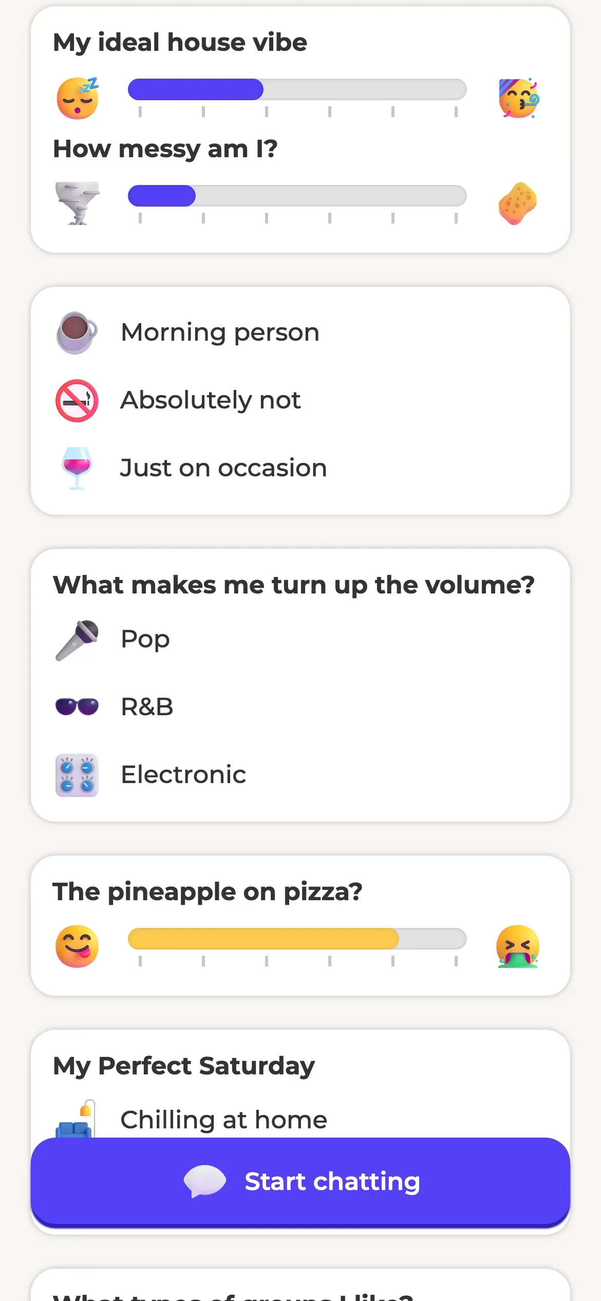 Roome: Housemate profile lifestyle answers from the vibe quiz