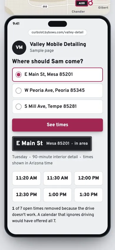 Curbslot: Mobile demo: choosing from sample appointment times.