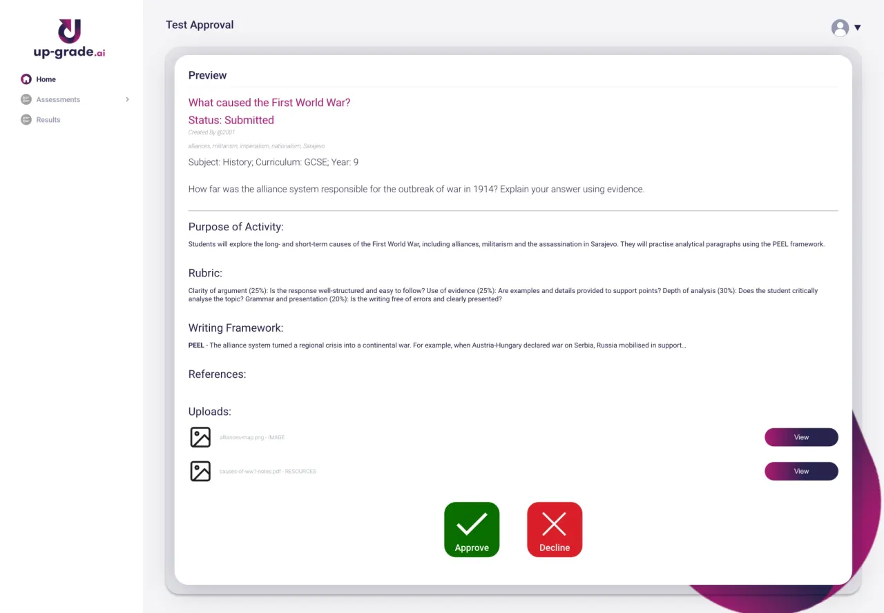 UpGrade: Admin preview of a submitted assessment with approve/decline