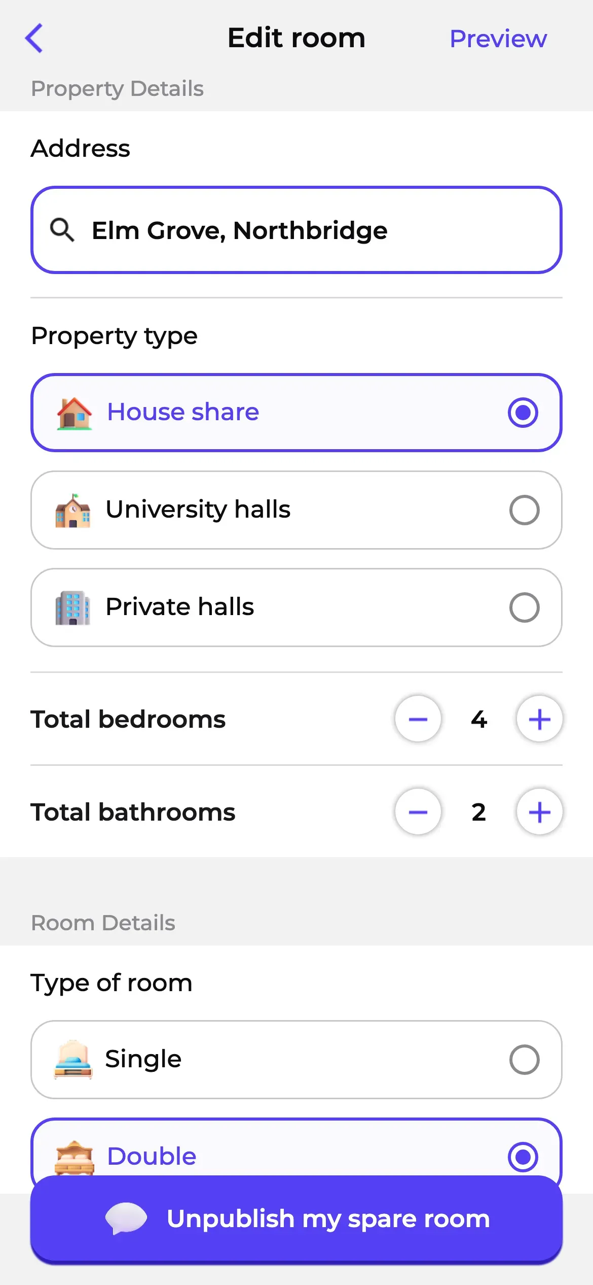Roome: Spare-room listing form: address, property and room type