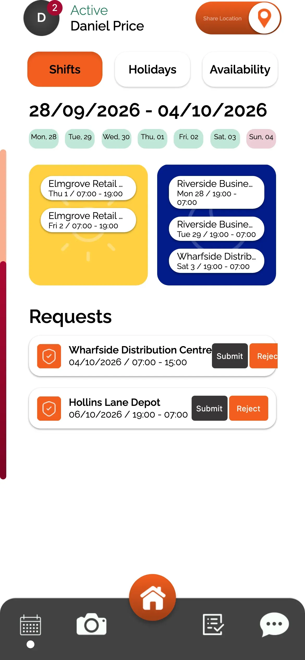 SoloLink: Upcoming day and night shifts with shift requests to accept