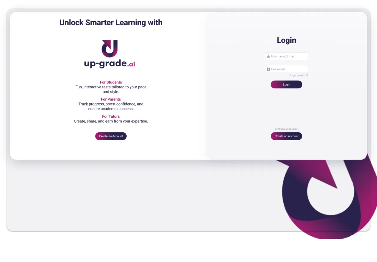 UpGrade: Login screen with student, parent and tutor intro