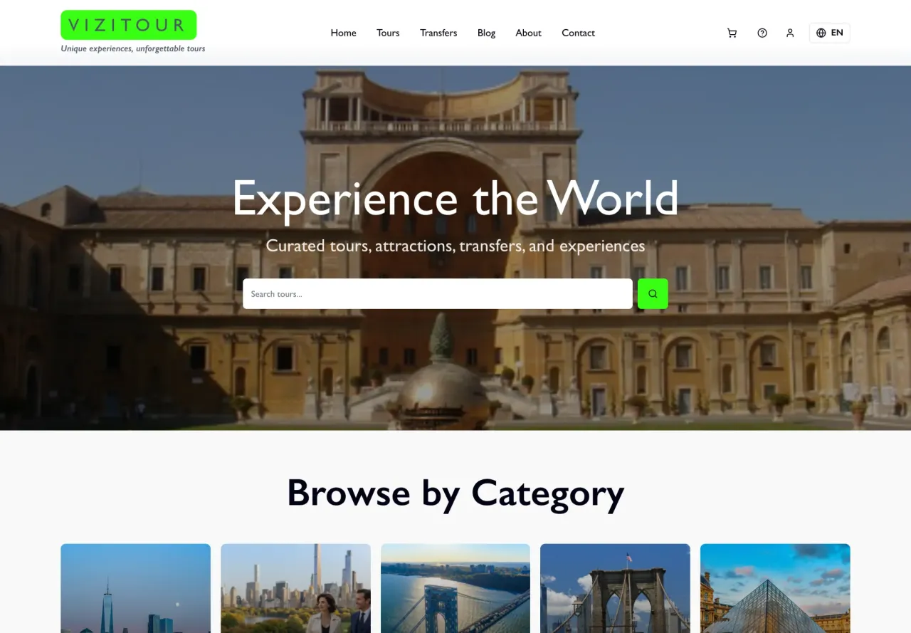 Vizitour: Home page with tour search and curated categories