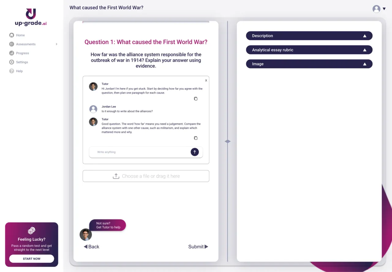 UpGrade: Student answer screen with the tutor-help chat open