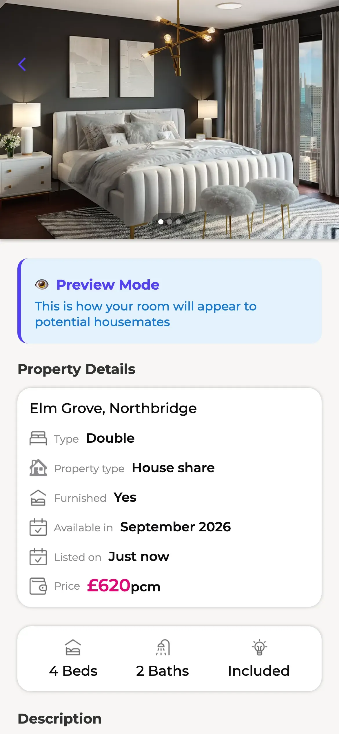 Roome: Preview of a student's spare-room listing before publishing