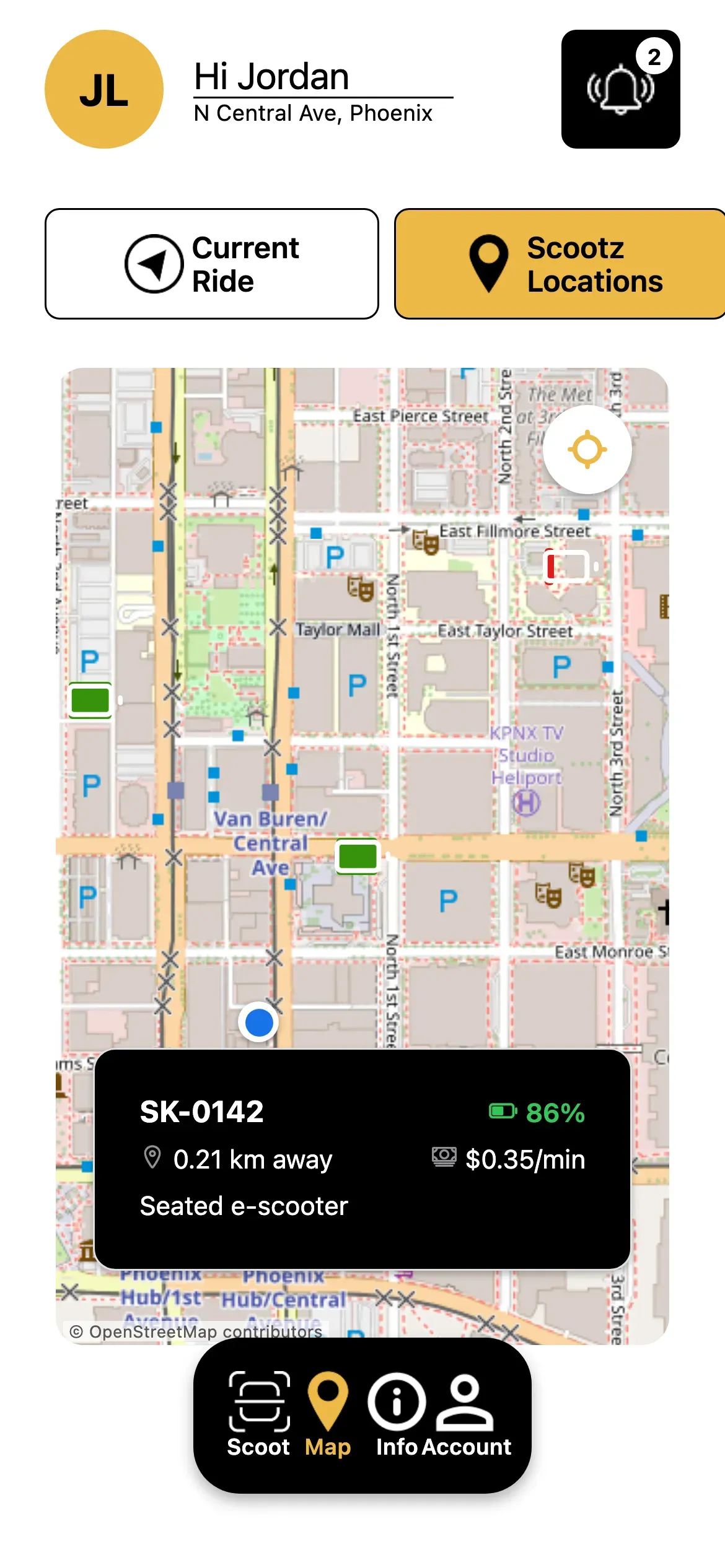 Sckootz: Selected scooter card with distance and per-minute rate
