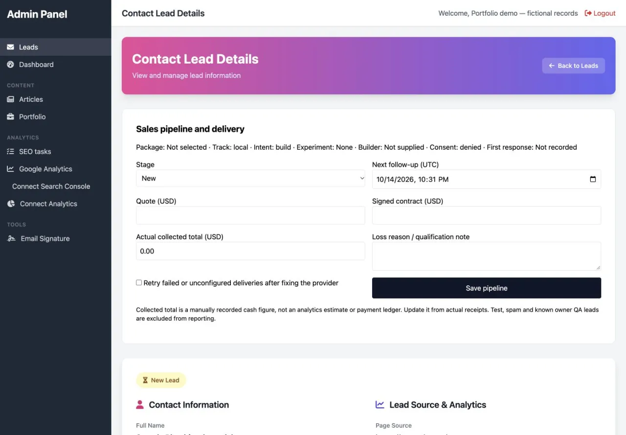 BYBOWU Lead Operations: Follow-up workflow with a fictional lead; no client data shown.