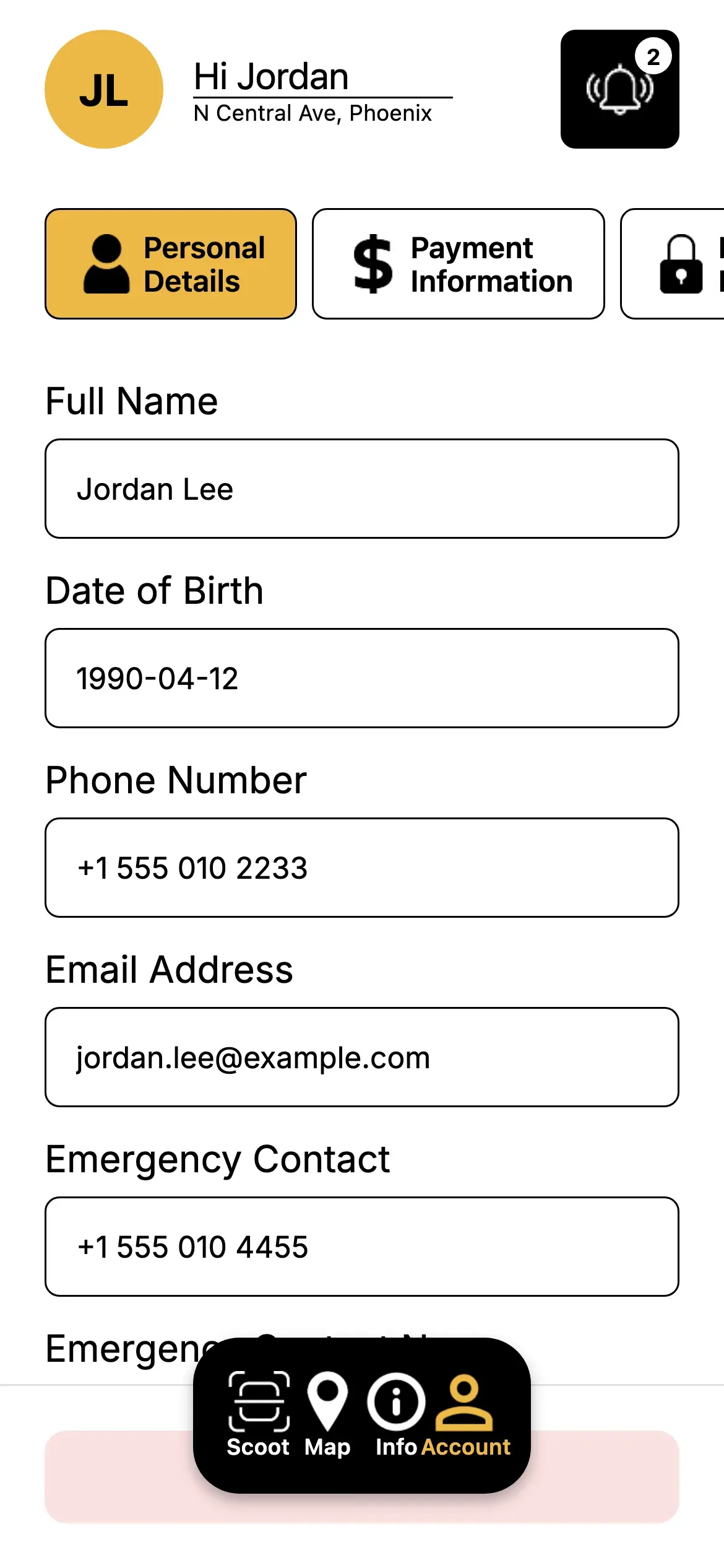 Sckootz: Account screen with personal details and emergency contact