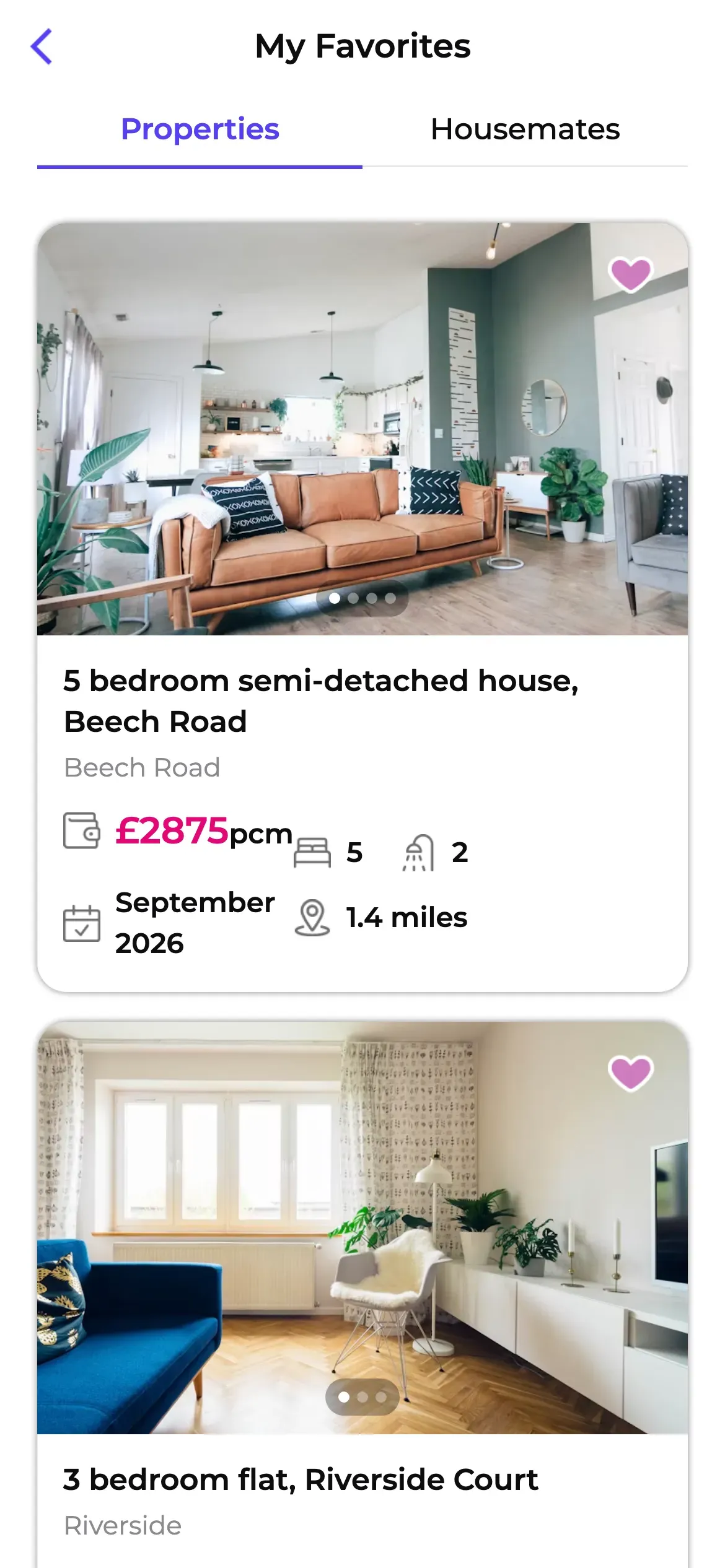 Roome: Saved properties in the favourites list