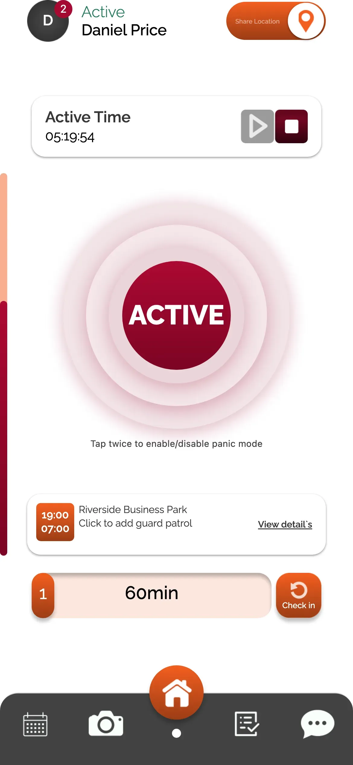 SoloLink: Panic mode switched on from the guard home screen