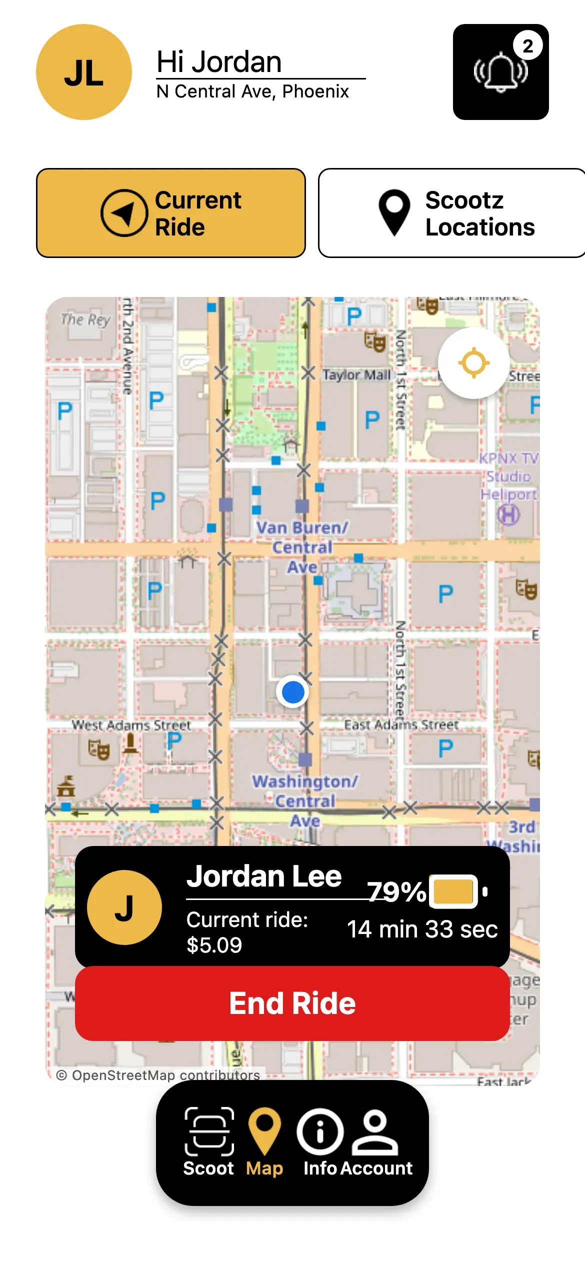 Sckootz: Current ride card with live cost, battery and End Ride