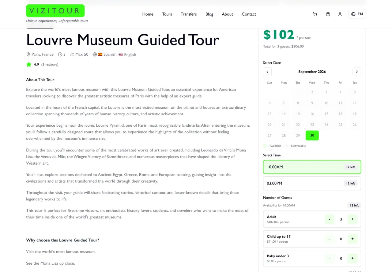 Vizitour: Date, time slot and ticket-type selection