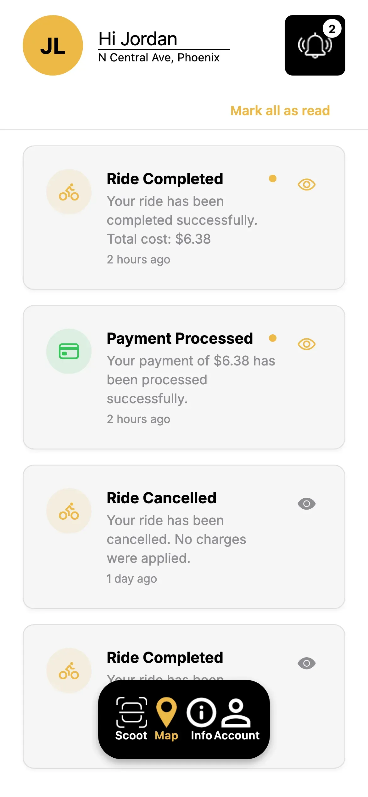 Sckootz: Notifications for completed rides and payments