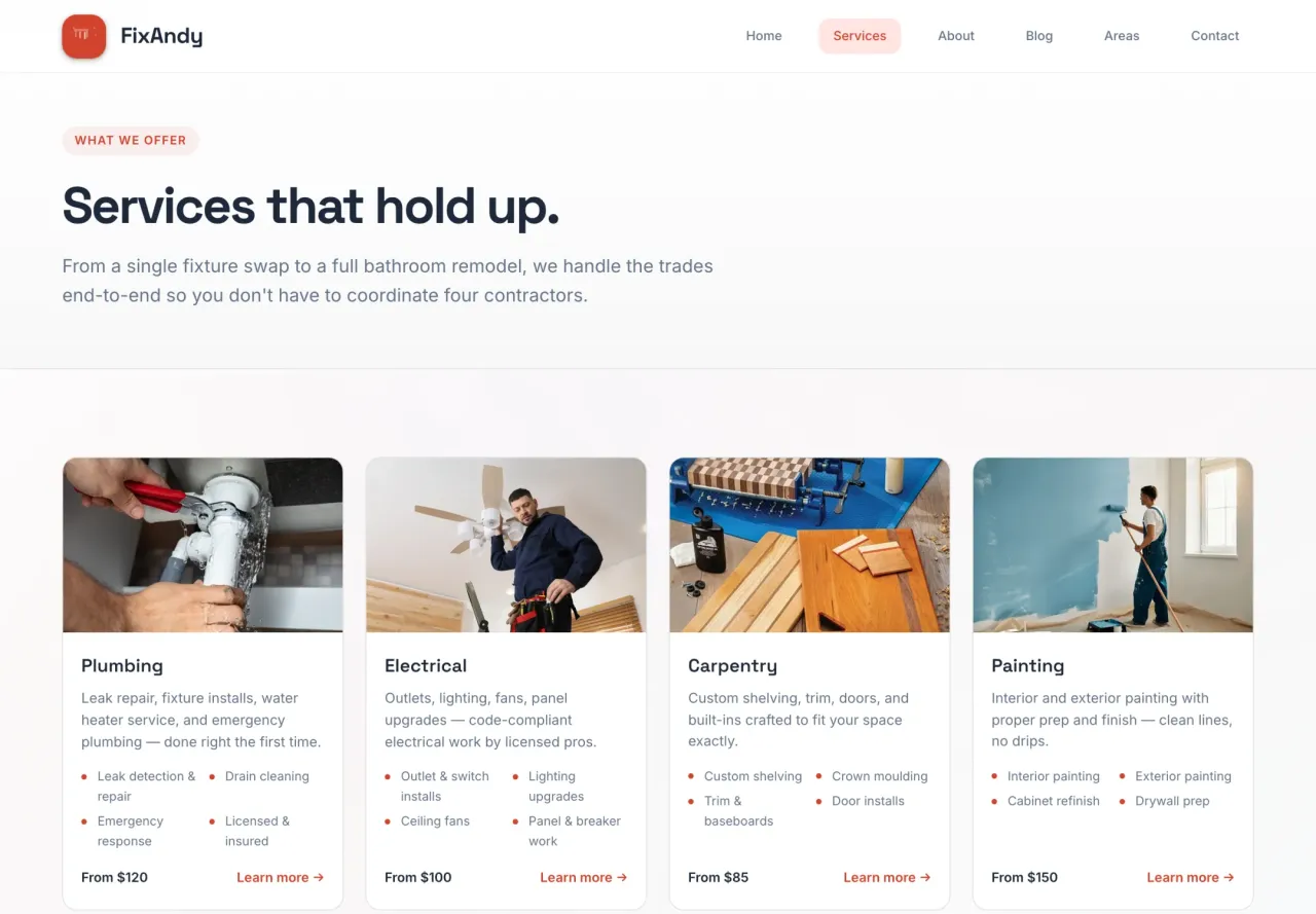 FixAndy: Services catalog with starting prices and quote buttons