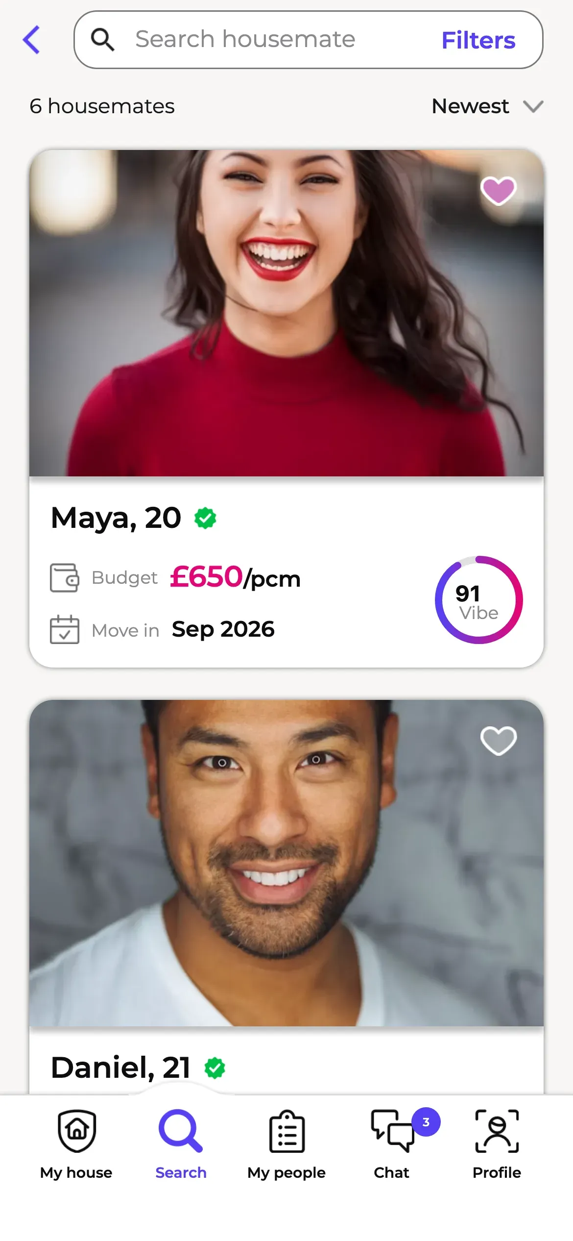 Roome: Housemate search with budget, move-in date and vibe match score