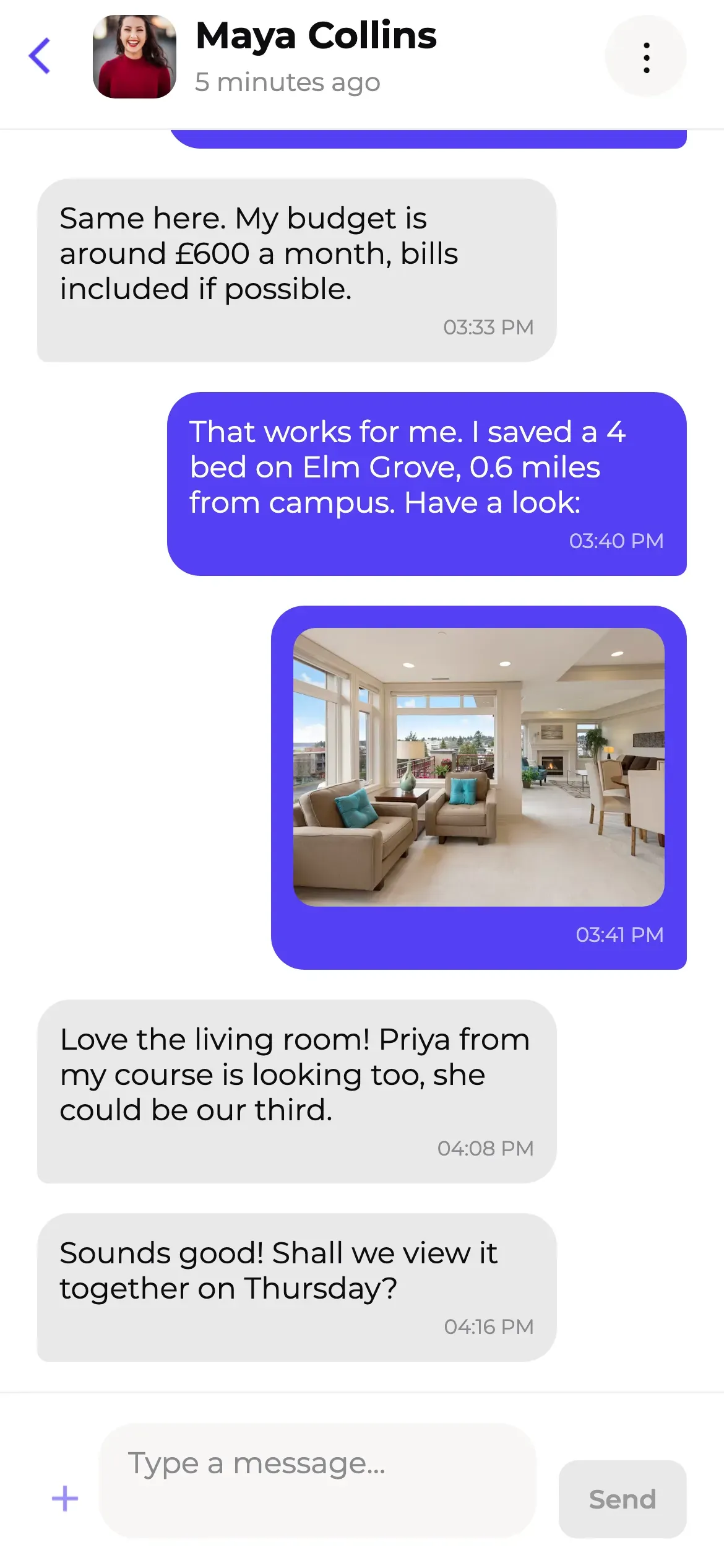 Roome: In-app chat between students with a shared photo