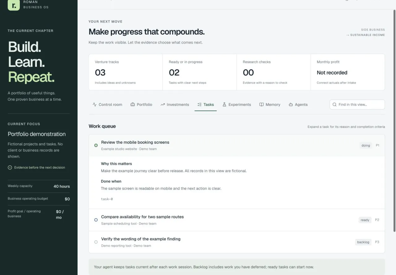 Business OS: Task details and completion criteria using fictional demonstration records.