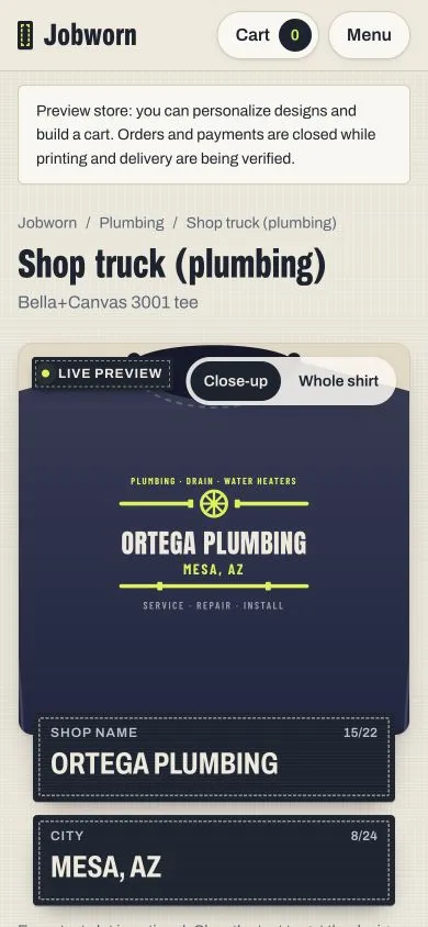Jobworn: Mobile product preview. Checkout and fulfillment are not yet available.