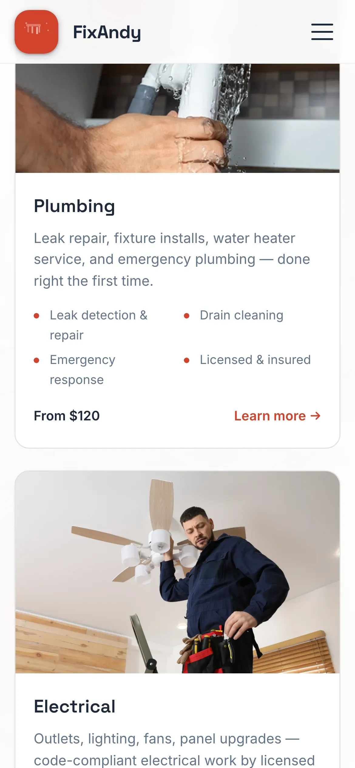FixAndy: Services list on mobile