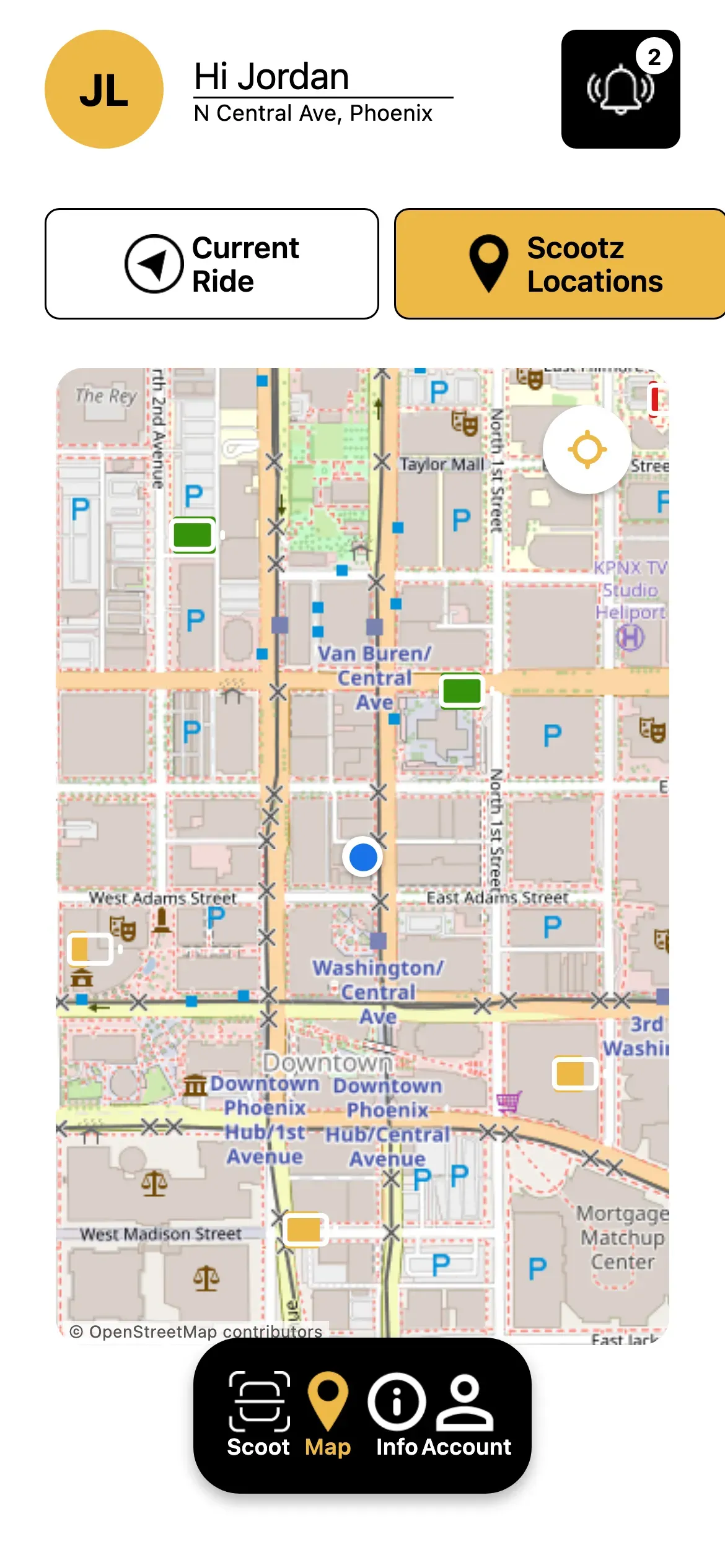 Sckootz: Map of nearby scooters with battery-level markers