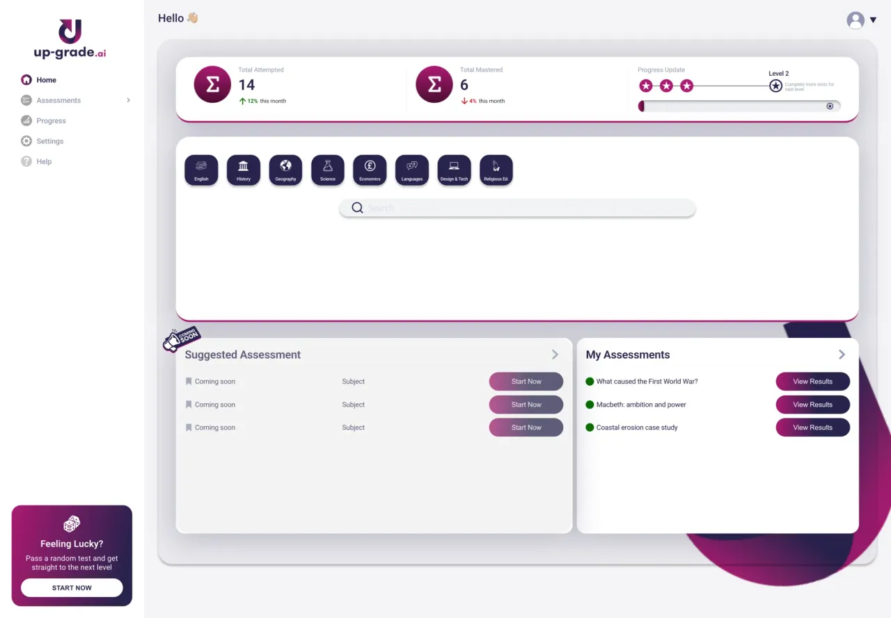 UpGrade: Student home with stats, subjects and recent assessments