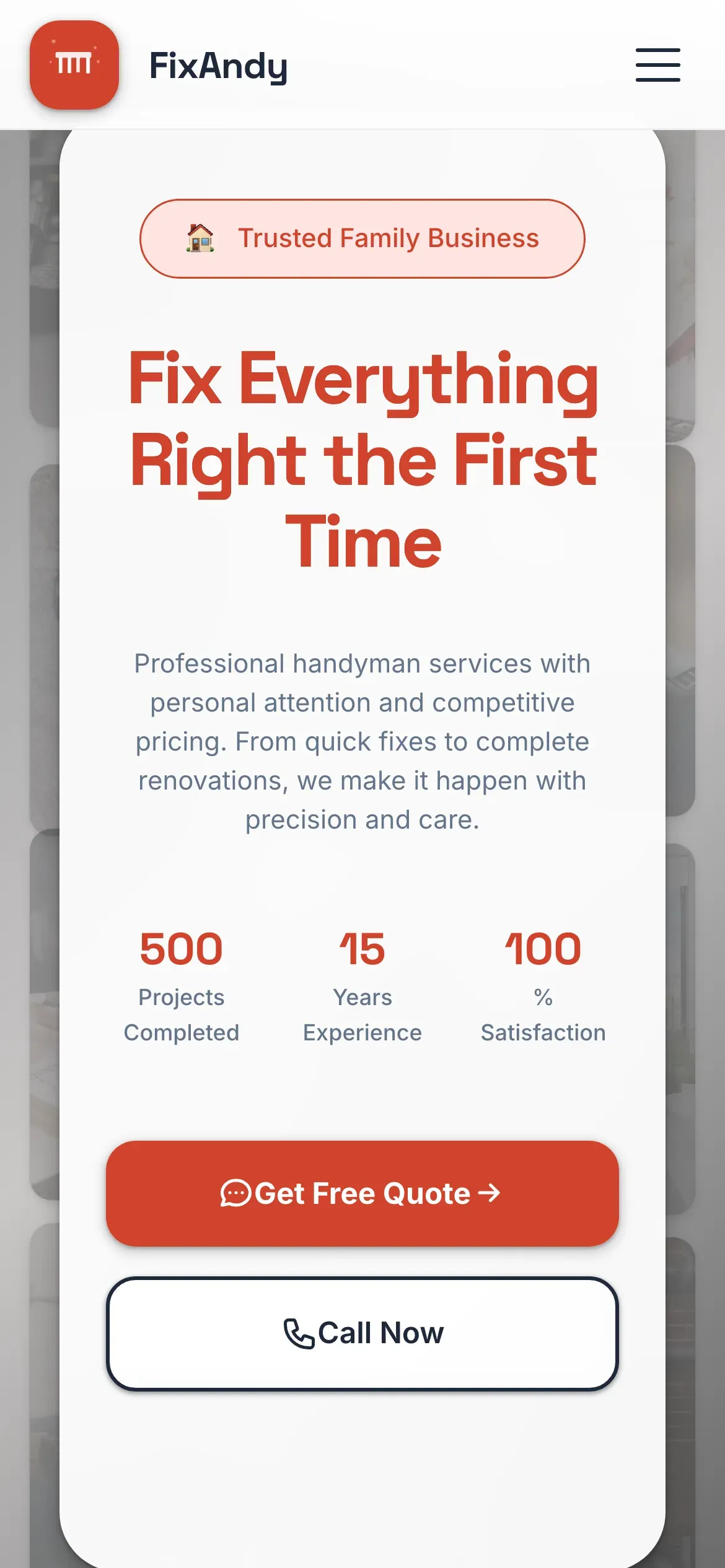 FixAndy: Home page on mobile