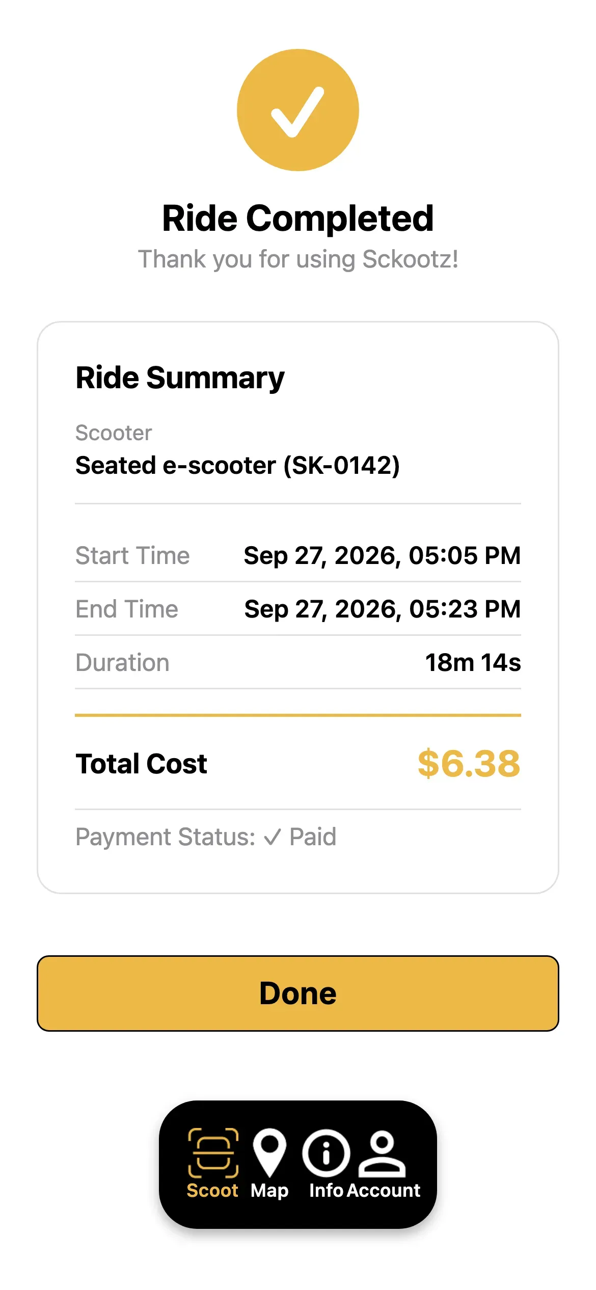Sckootz: Ride summary after ending a ride, with duration and cost