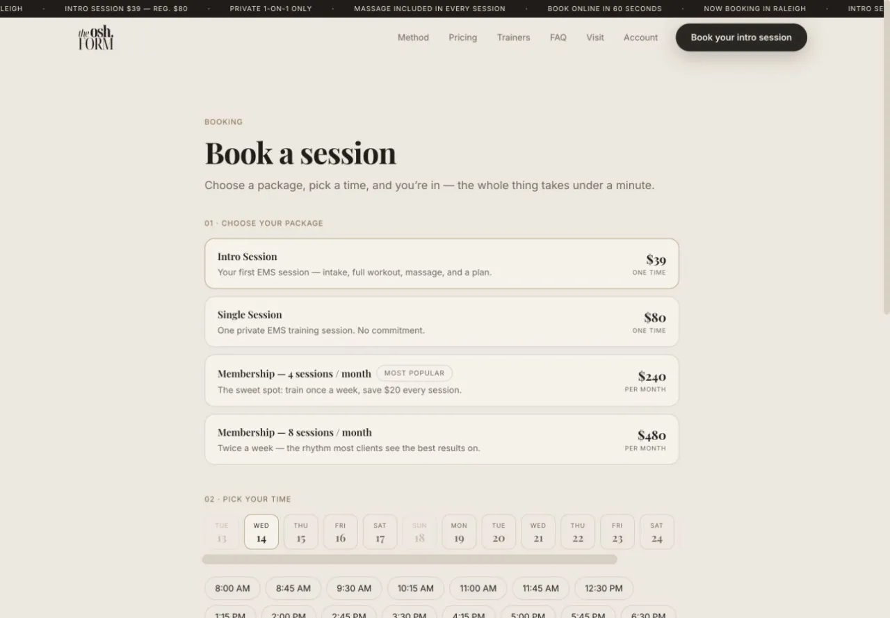 OSH FORM: Booking interface: choosing a session and date, October 2026.