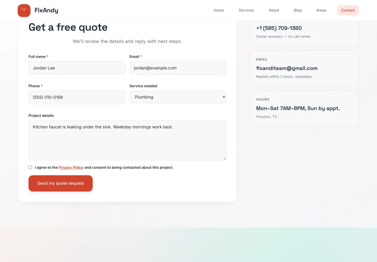 FixAndy: Quote request form with fictional values (not submitted)