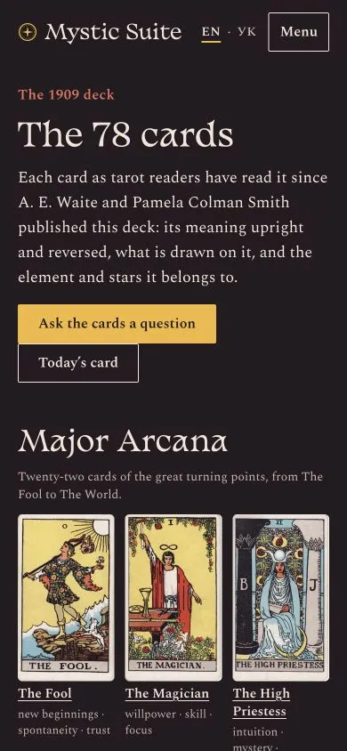 Mystic Suite: Browsing the card library on mobile.