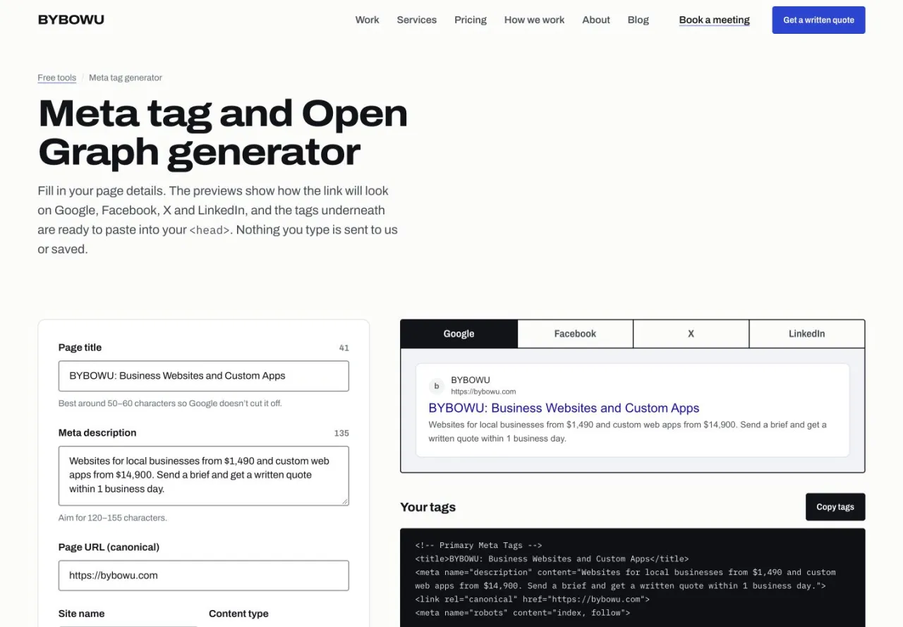 BYBOWU Free Tools: Meta tag generator: page details, search preview and generated tags.