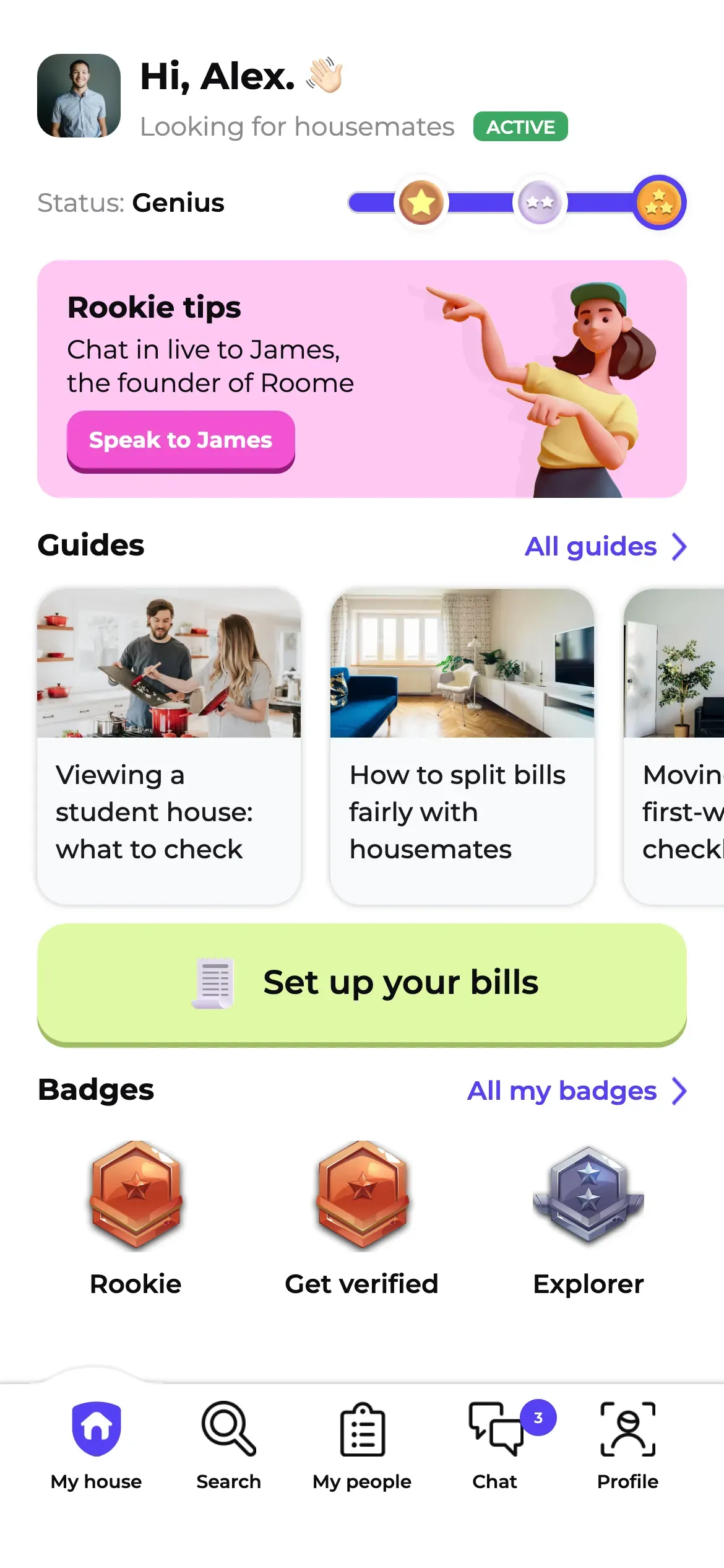 Roome: Home screen with profile status progress, guides and badges