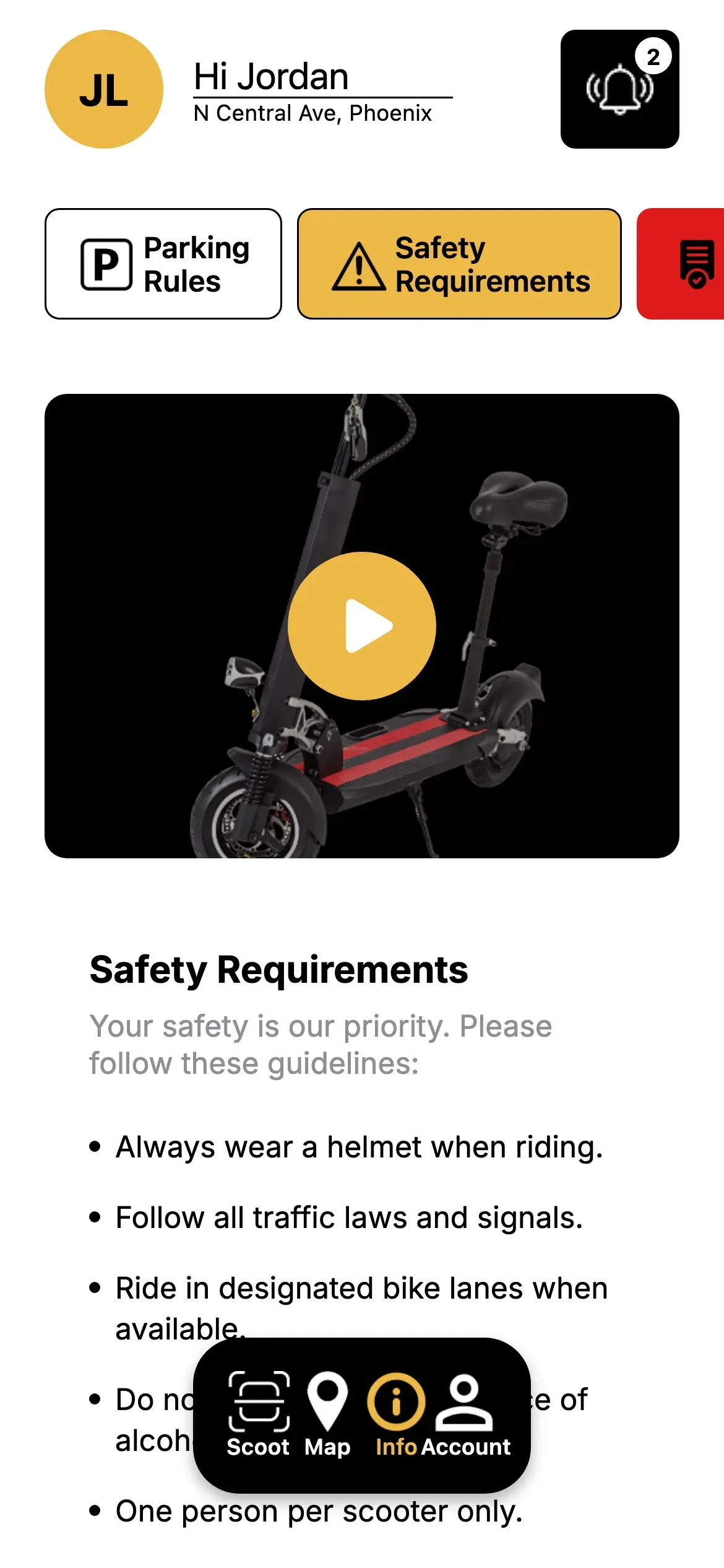Sckootz: Safety requirements tab with rider guidelines