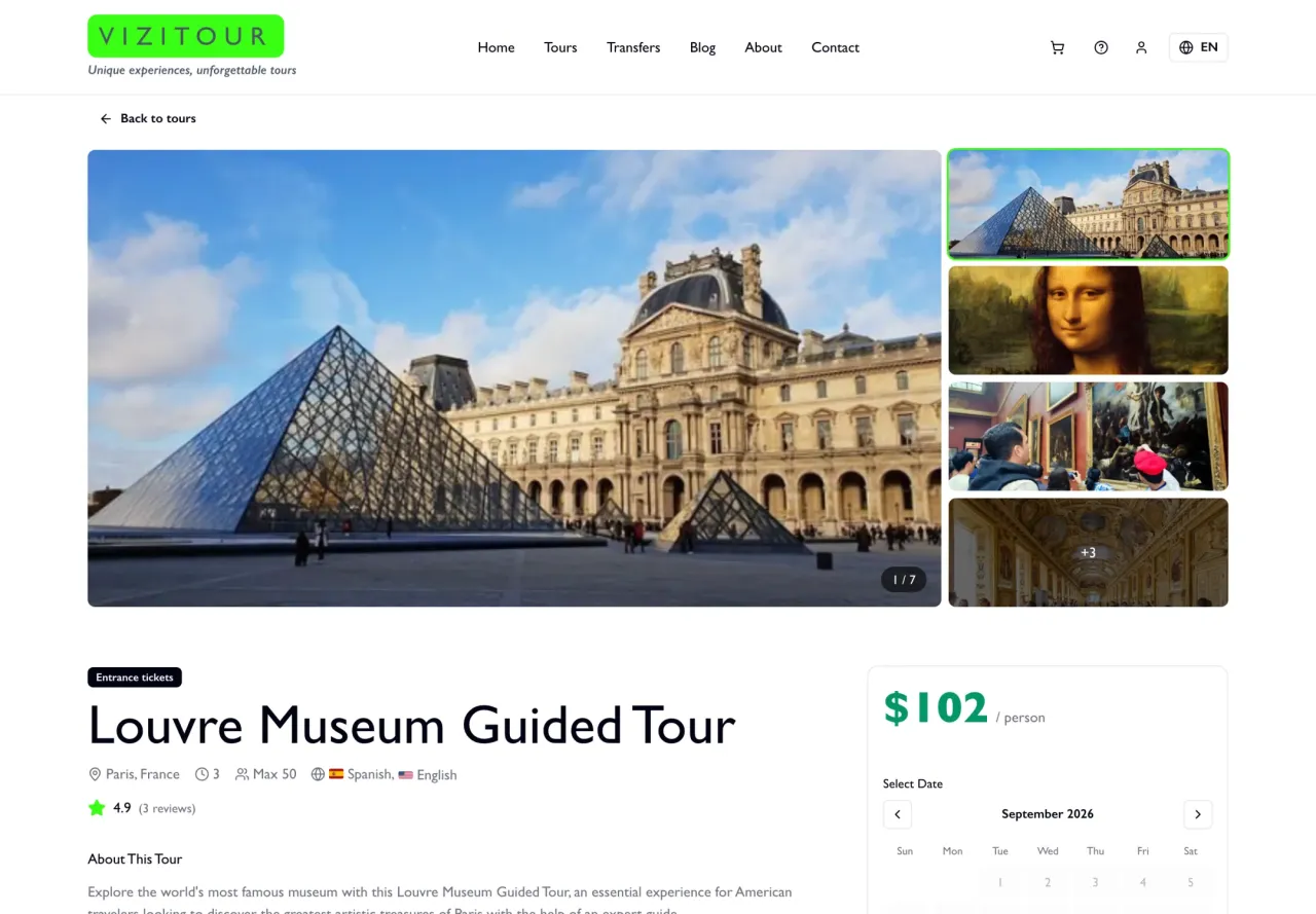 Vizitour: Tour page with photo gallery, languages and booking card