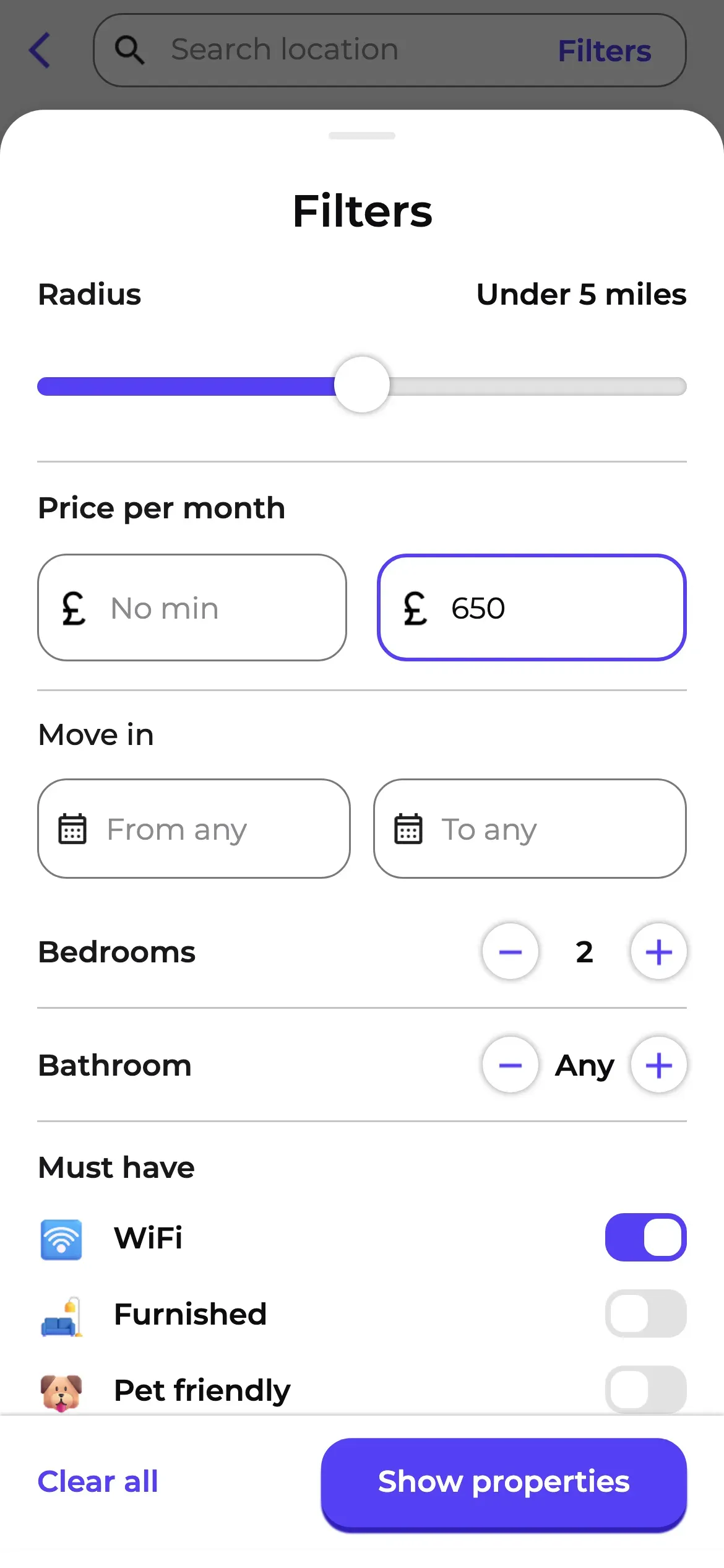 Roome: Property search filters: radius, price, bedrooms, must-haves